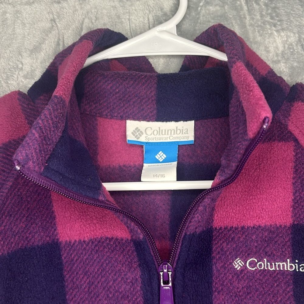 Columbia Pink Purple Plaid Patchwork Full Zip Soft Fleece Jacket Size 14/16 - Picture 2 of 9